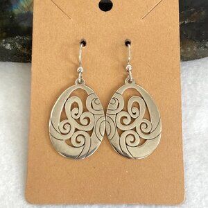 Solid Sterling Silver 925 Thailand Open Scrollwork Teardrop Dangle Drop Earrings